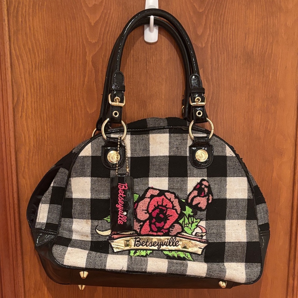 Betsey Johnson Black and White Checkered Bag with Floral Design